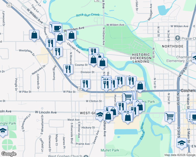 map of restaurants, bars, coffee shops, grocery stores, and more near 1015 West Wilkinson Street in Goshen