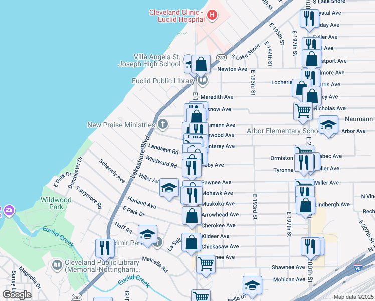 map of restaurants, bars, coffee shops, grocery stores, and more near 18405 Landseer Road in Cleveland