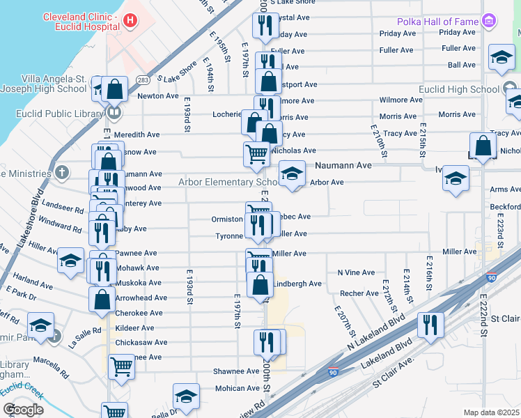 map of restaurants, bars, coffee shops, grocery stores, and more near 567 East 200th Street in Euclid