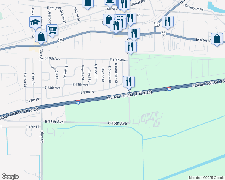 map of restaurants, bars, coffee shops, grocery stores, and more near 5717 East 13th Place in Gary
