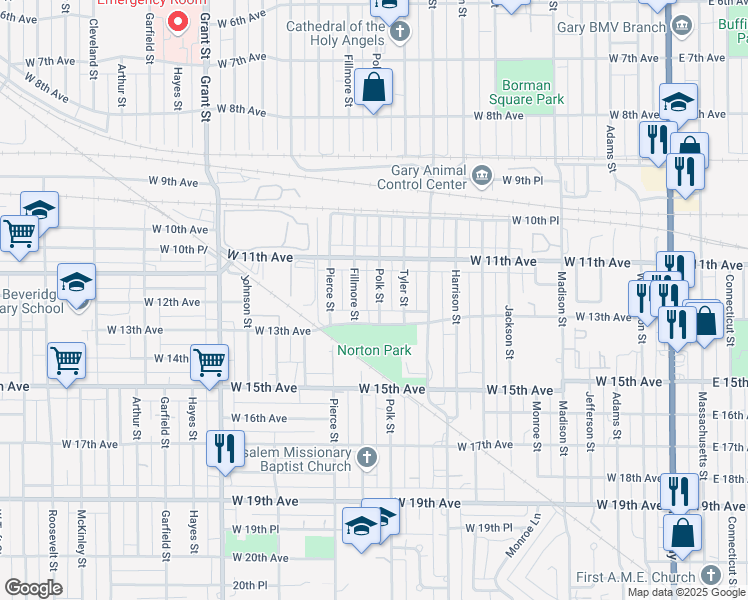 map of restaurants, bars, coffee shops, grocery stores, and more near 1164 Polk Street in Gary
