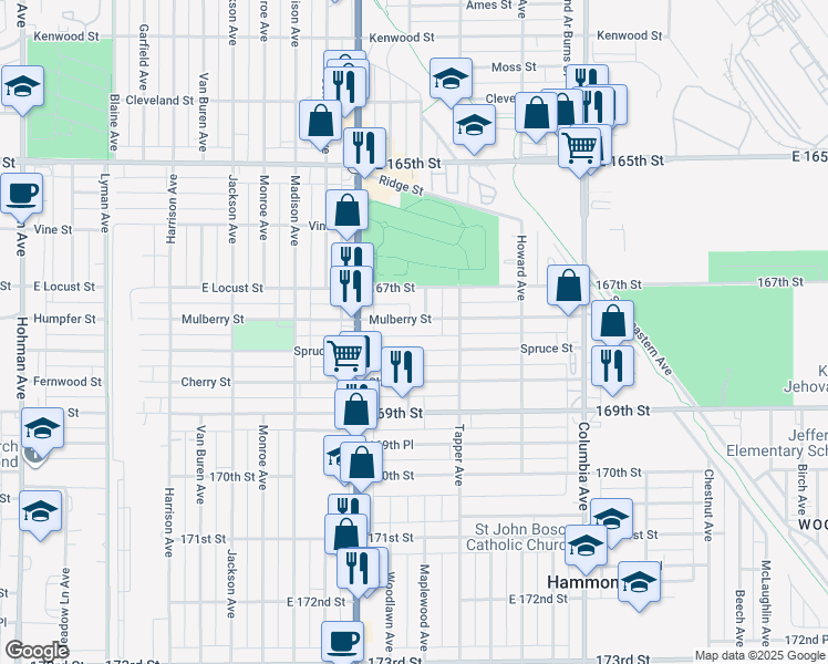 map of restaurants, bars, coffee shops, grocery stores, and more near 850 Mulberry Street in Hammond