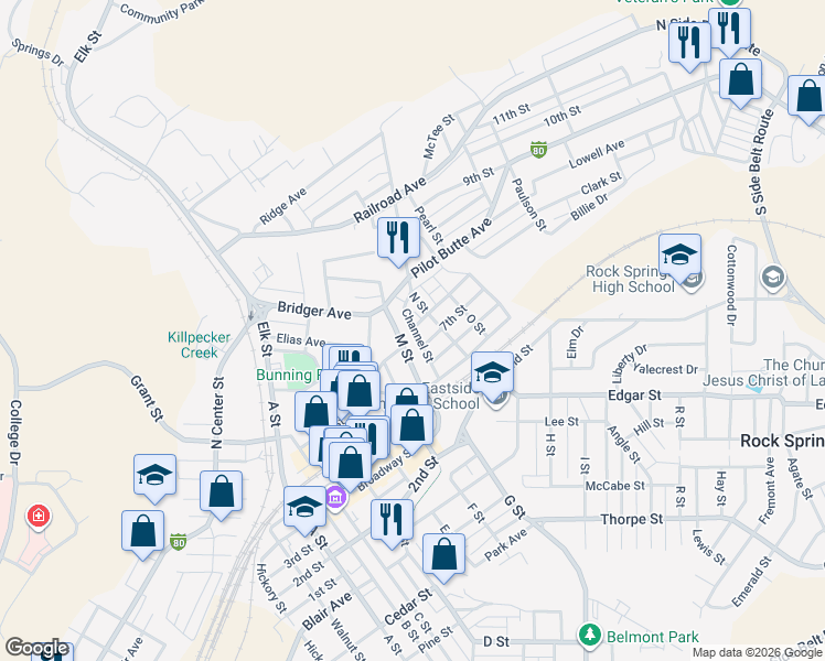 map of restaurants, bars, coffee shops, grocery stores, and more near 208 M Street in Rock Springs