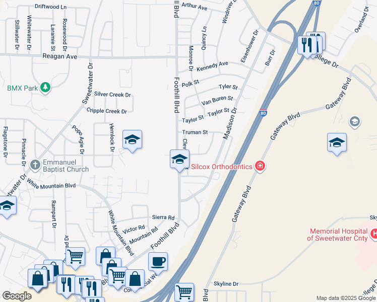 map of restaurants, bars, coffee shops, grocery stores, and more near 1095 Harrison Drive in Rock Springs