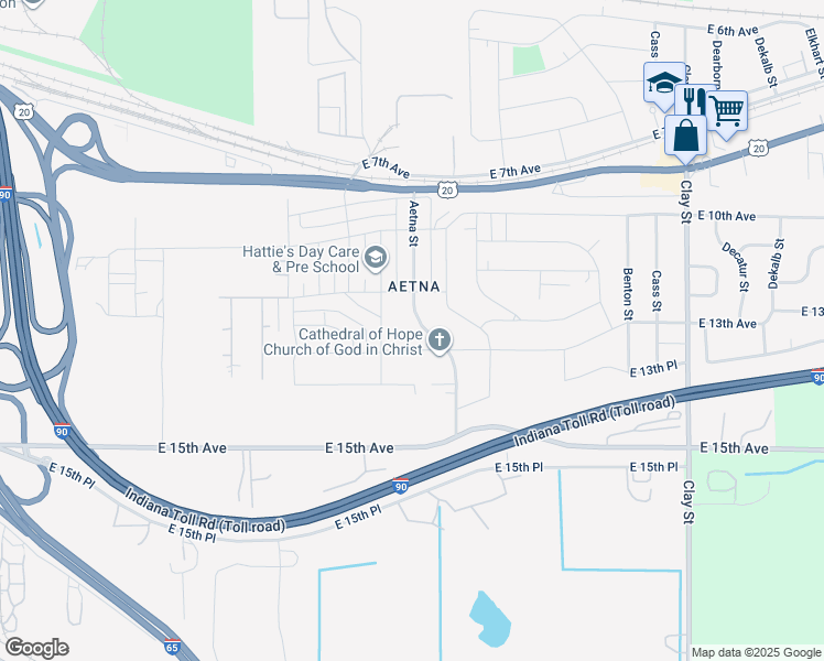 map of restaurants, bars, coffee shops, grocery stores, and more near 1258 Aetna Street in Gary
