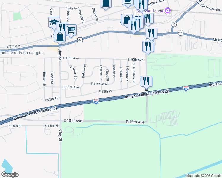 map of restaurants, bars, coffee shops, grocery stores, and more near 5508 East 13th Place in Gary