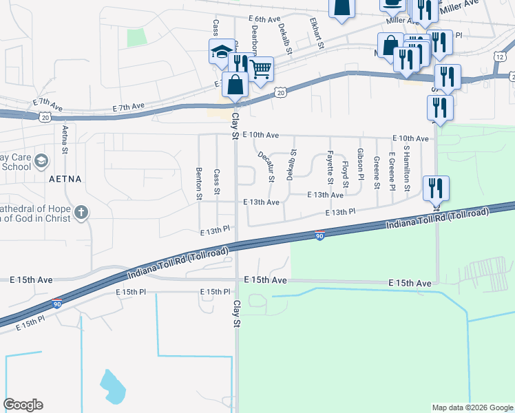 map of restaurants, bars, coffee shops, grocery stores, and more near 5007 East 13th Avenue in Gary