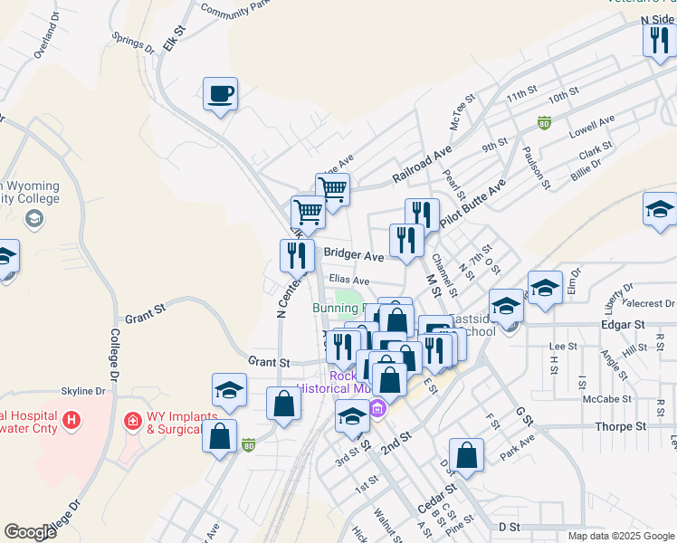 map of restaurants, bars, coffee shops, grocery stores, and more near 421 Elias Ave in Rock Springs