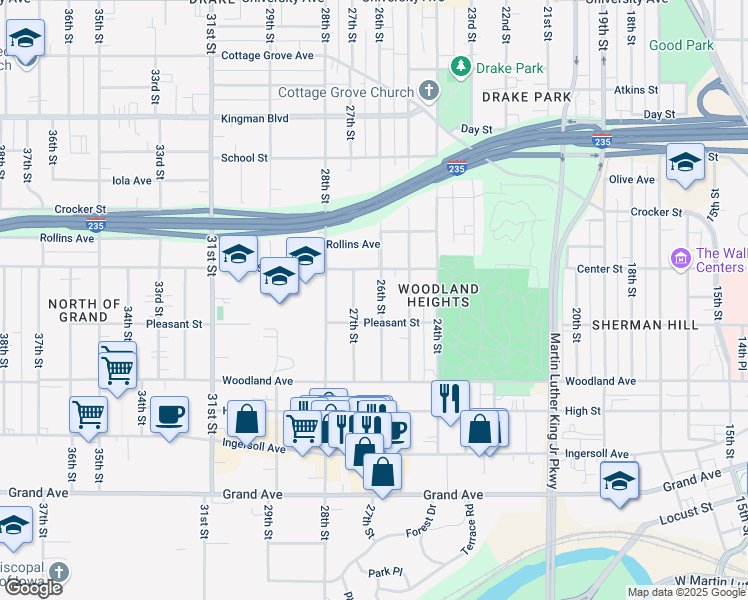 map of restaurants, bars, coffee shops, grocery stores, and more near 716 26th Street in Des Moines