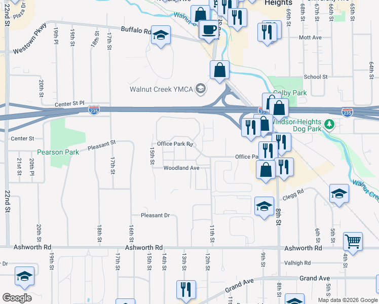 map of restaurants, bars, coffee shops, grocery stores, and more near 1200 Office Park Road in West Des Moines