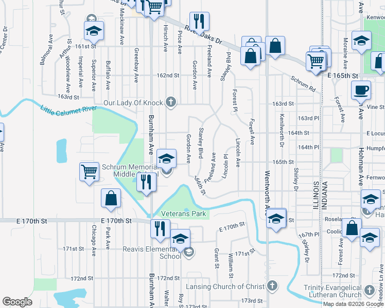 map of restaurants, bars, coffee shops, grocery stores, and more near 1490 Stanley Boulevard in Calumet City