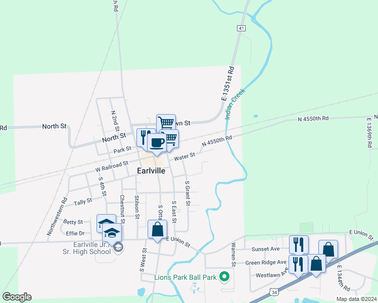 map of restaurants, bars, coffee shops, grocery stores, and more near 308 Water Street in Earlville