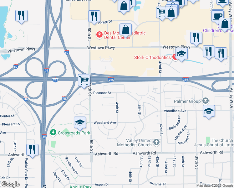map of restaurants, bars, coffee shops, grocery stores, and more near 4900 Pleasant Street in West Des Moines