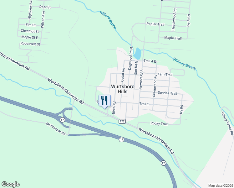 map of restaurants, bars, coffee shops, grocery stores, and more near 32 Birch Road in Wurtsboro