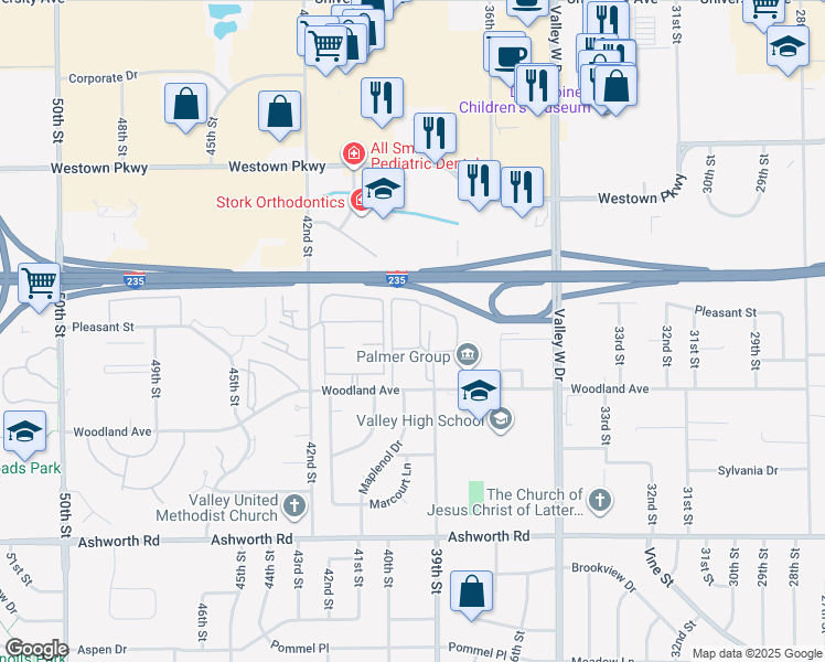 map of restaurants, bars, coffee shops, grocery stores, and more near 3955 Woodland Avenue in West Des Moines