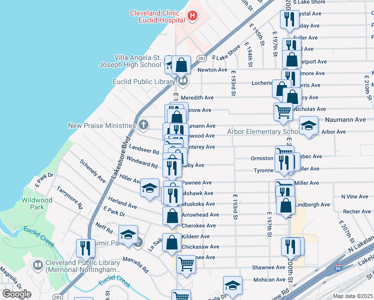 map of restaurants, bars, coffee shops, grocery stores, and more near 18650 Monterey Avenue in Euclid
