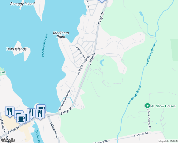 map of restaurants, bars, coffee shops, grocery stores, and more near 104 Lake Vista Drive in East Hampton