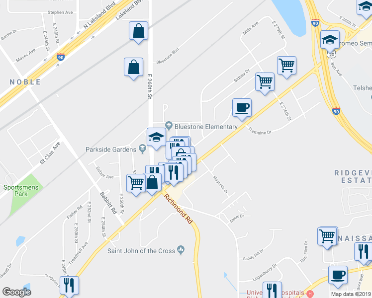 map of restaurants, bars, coffee shops, grocery stores, and more near 26245 Euclid Avenue in Euclid