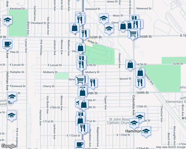 map of restaurants, bars, coffee shops, grocery stores, and more near 850 Mulberry Street in Hammond