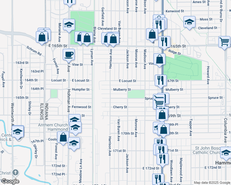 map of restaurants, bars, coffee shops, grocery stores, and more near 505 Spruce Street in Hammond