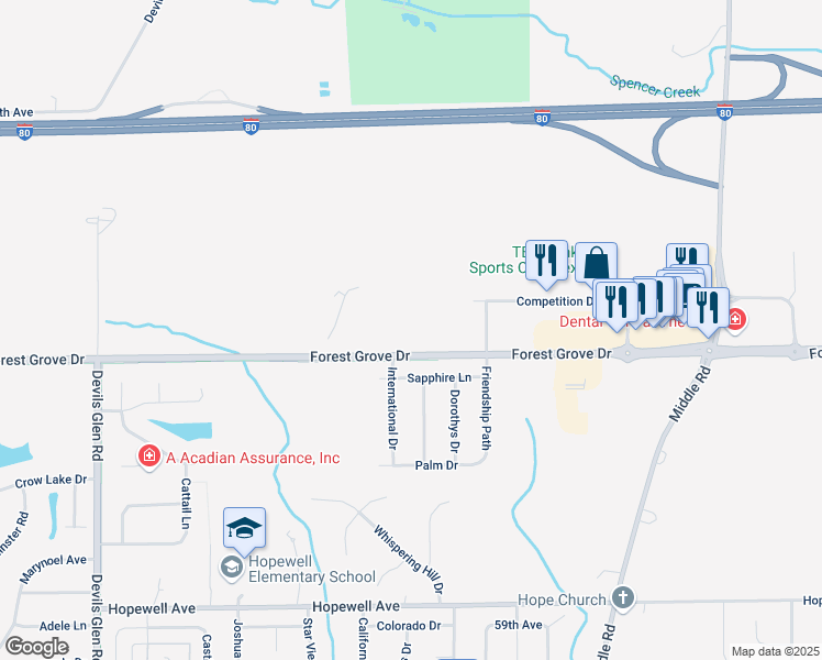 map of restaurants, bars, coffee shops, grocery stores, and more near 4310 Sapphire Lane in Bettendorf