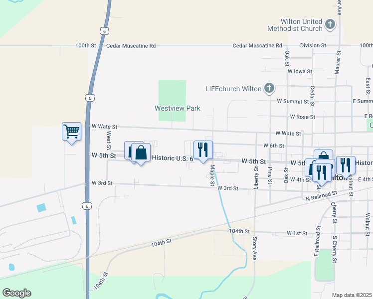 map of restaurants, bars, coffee shops, grocery stores, and more near 509 Maple Street in Wilton