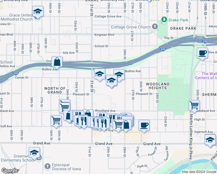 map of restaurants, bars, coffee shops, grocery stores, and more near 2820 Center Street in Des Moines