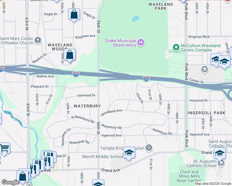 map of restaurants, bars, coffee shops, grocery stores, and more near 714 54th Street in Des Moines