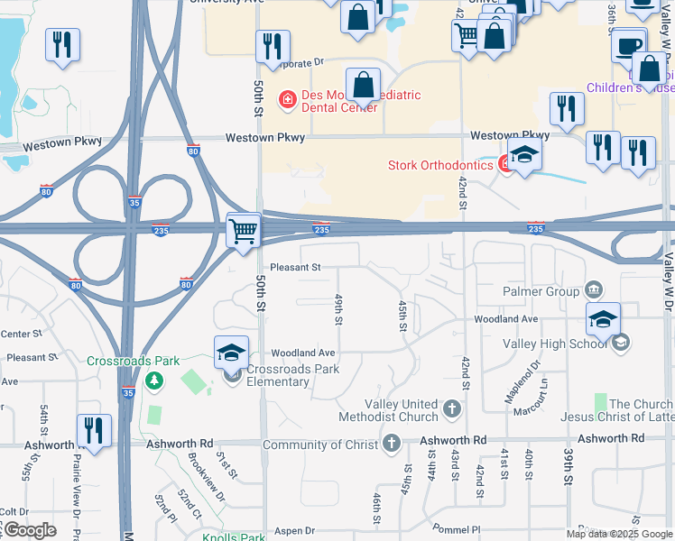 map of restaurants, bars, coffee shops, grocery stores, and more near 4900 Pleasant Street in West Des Moines