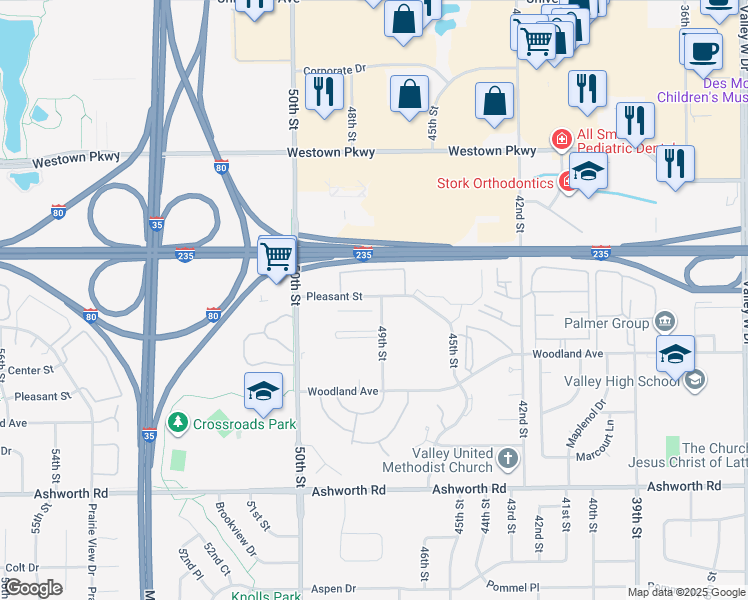 map of restaurants, bars, coffee shops, grocery stores, and more near 4900 Pleasant Street in West Des Moines