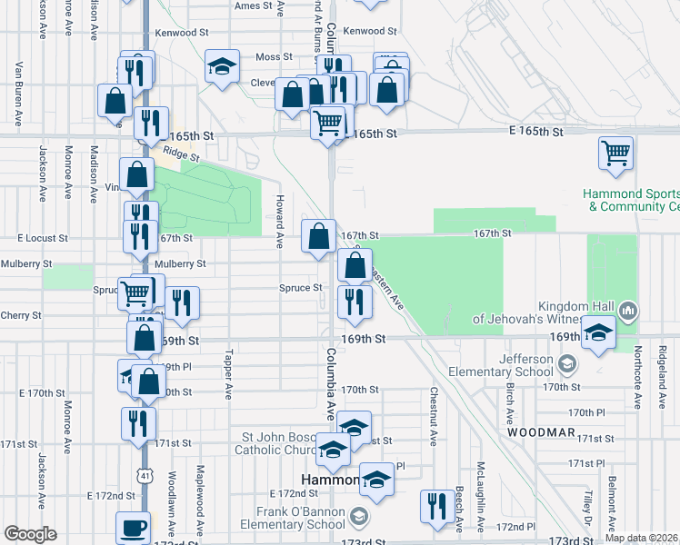 map of restaurants, bars, coffee shops, grocery stores, and more near 6749 Columbia Avenue in Hammond