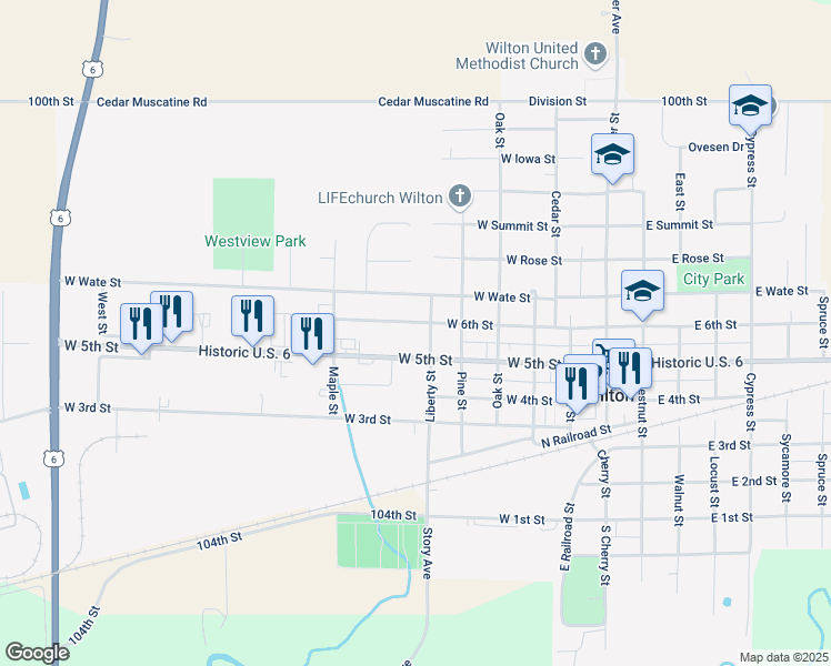 map of restaurants, bars, coffee shops, grocery stores, and more near 609 W 5th St in Wilton
