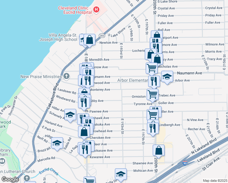 map of restaurants, bars, coffee shops, grocery stores, and more near 19120 Monterey Avenue in Euclid