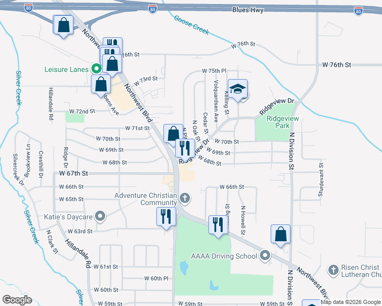 map of restaurants, bars, coffee shops, grocery stores, and more near 6824 North Pine Street in Davenport