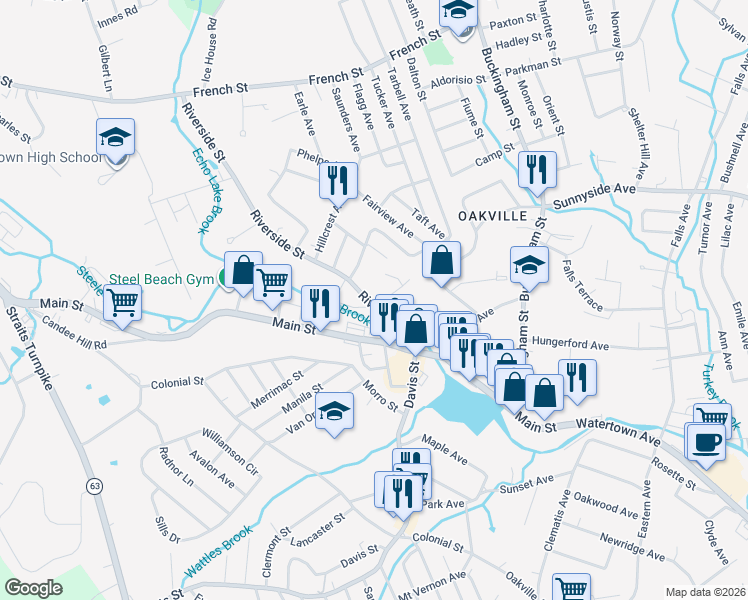 map of restaurants, bars, coffee shops, grocery stores, and more near 110 Riverside Street in Watertown