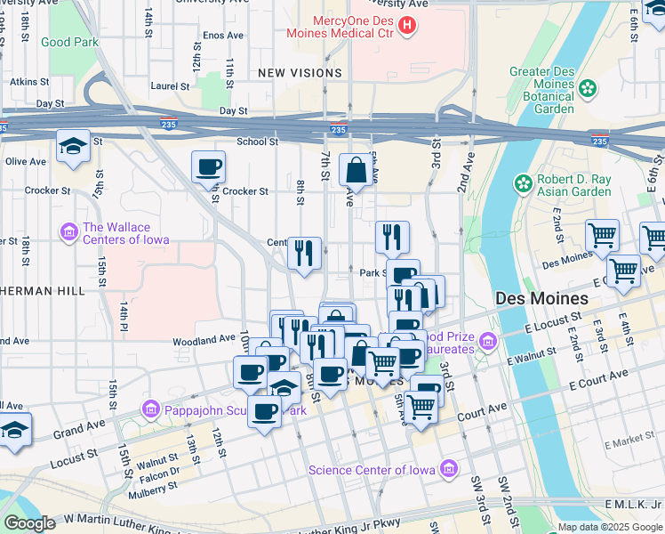 map of restaurants, bars, coffee shops, grocery stores, and more near 615 Park Street in Des Moines