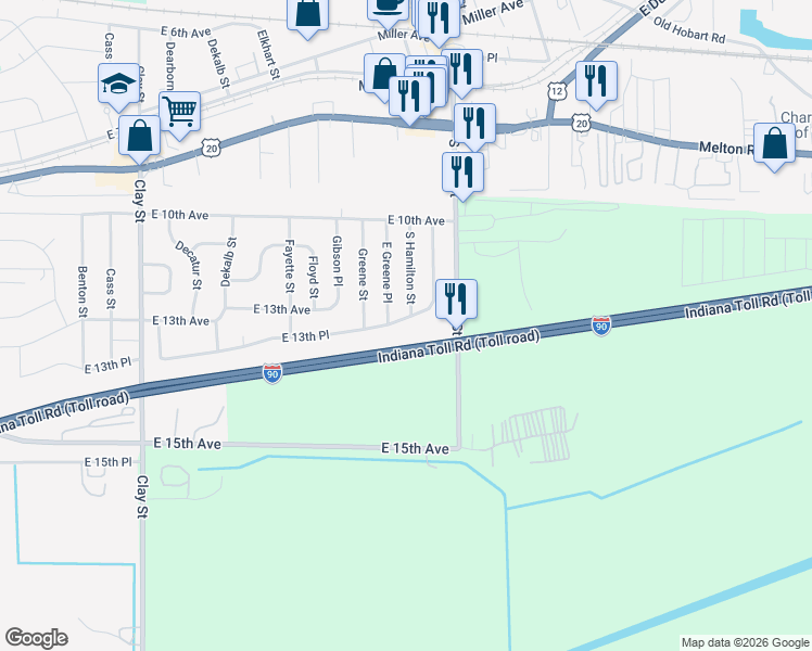 map of restaurants, bars, coffee shops, grocery stores, and more near 5717 East 13th Place in Gary