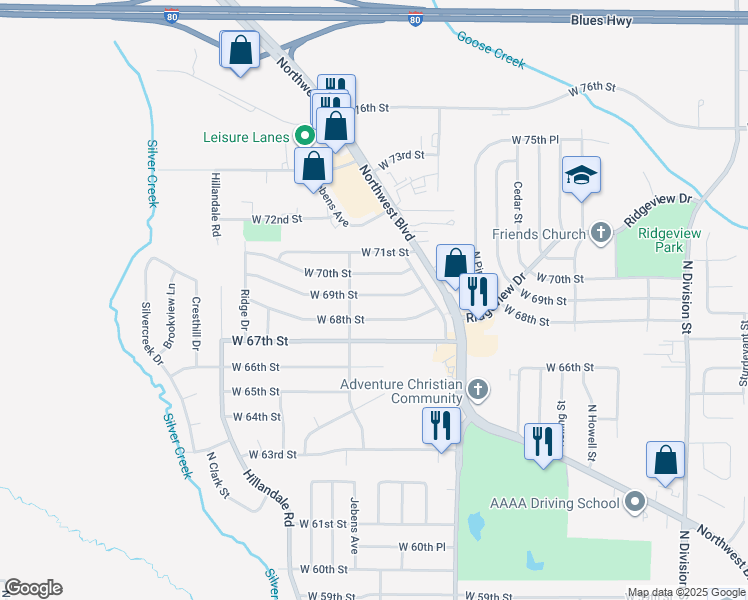 map of restaurants, bars, coffee shops, grocery stores, and more near 2623 West 69th Street in Davenport