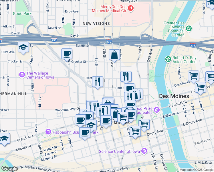 map of restaurants, bars, coffee shops, grocery stores, and more near in Des Moines