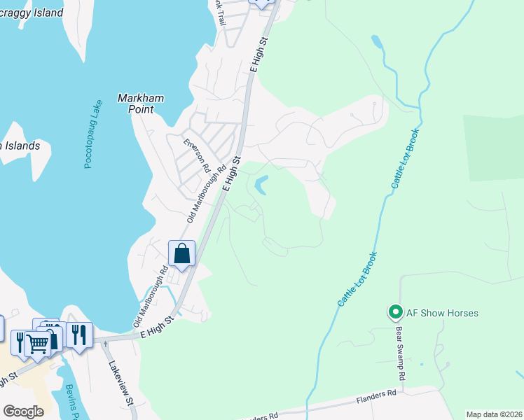map of restaurants, bars, coffee shops, grocery stores, and more near Edgewater Circle in East Hampton