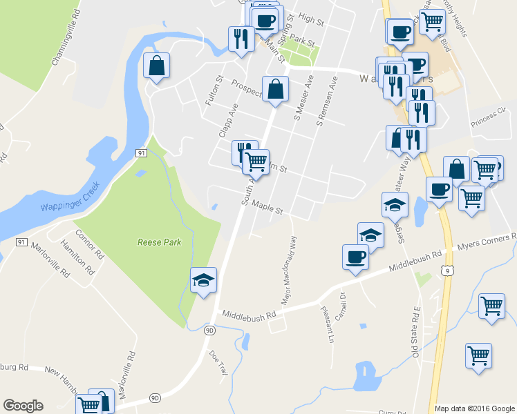 map of restaurants, bars, coffee shops, grocery stores, and more near 2 Adams Street in Wappingers Falls