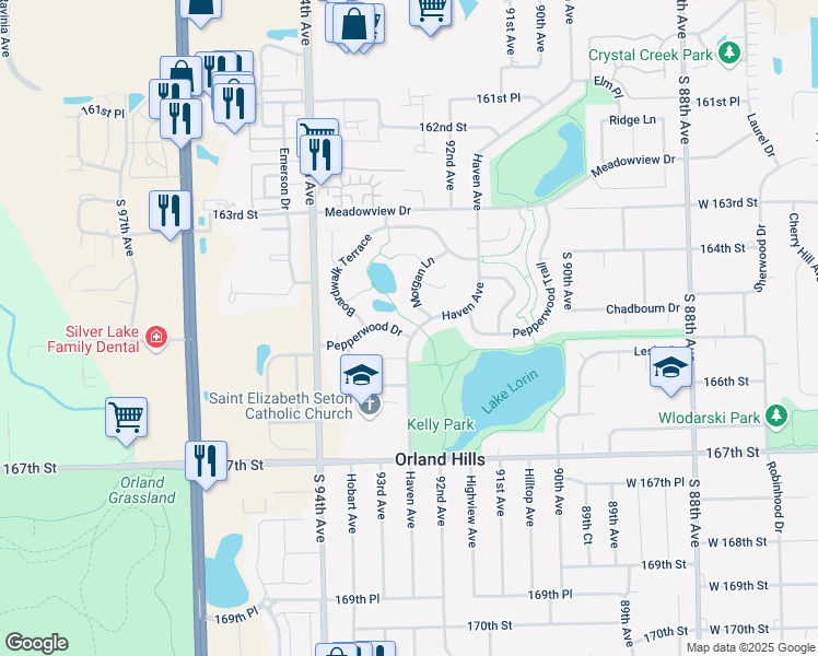 map of restaurants, bars, coffee shops, grocery stores, and more near 9241 Pepperwood Drive in Orland Hills