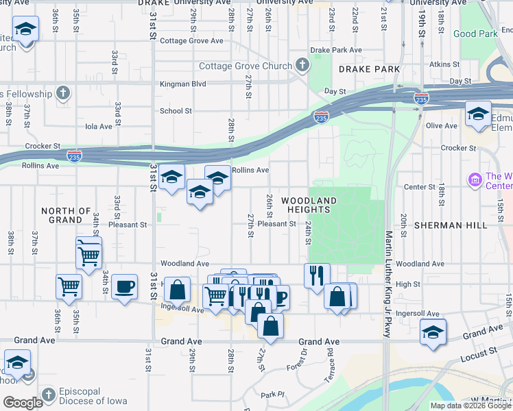 map of restaurants, bars, coffee shops, grocery stores, and more near 716 26th Street in Des Moines