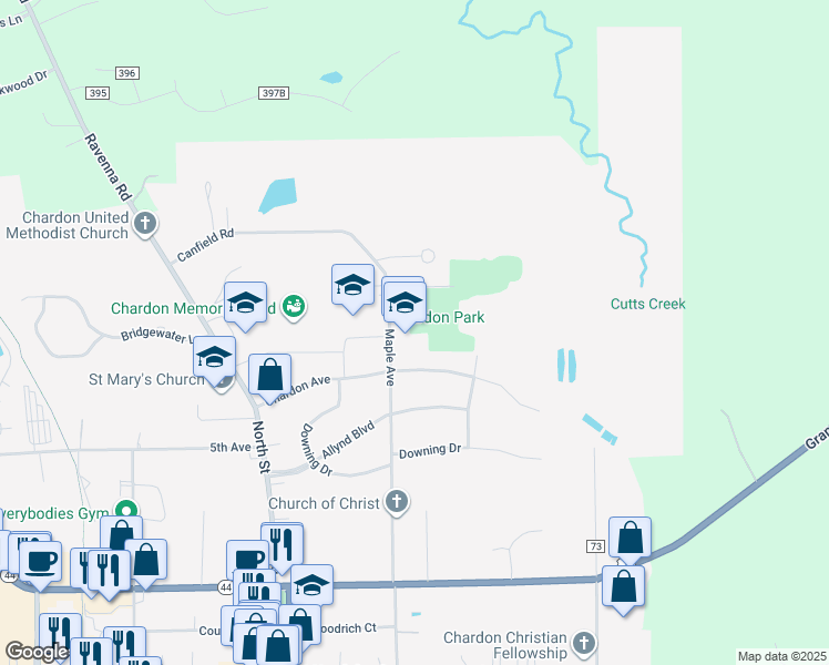 map of restaurants, bars, coffee shops, grocery stores, and more near 308 Maple Avenue in Chardon