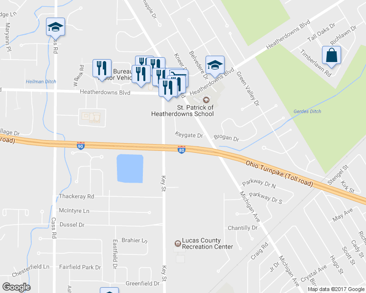 map of restaurants, bars, coffee shops, grocery stores, and more near Ohio Turnpike in Toledo