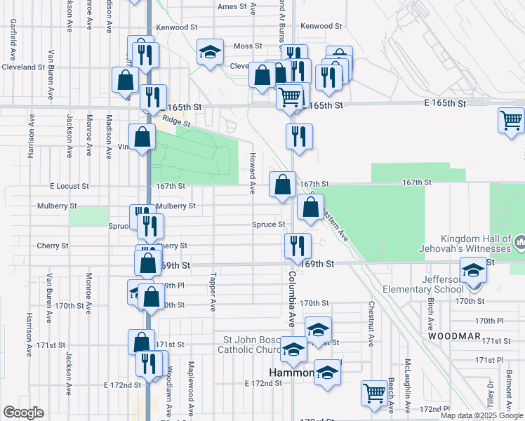 map of restaurants, bars, coffee shops, grocery stores, and more near 6731-6799 Howard Ave in Hammond