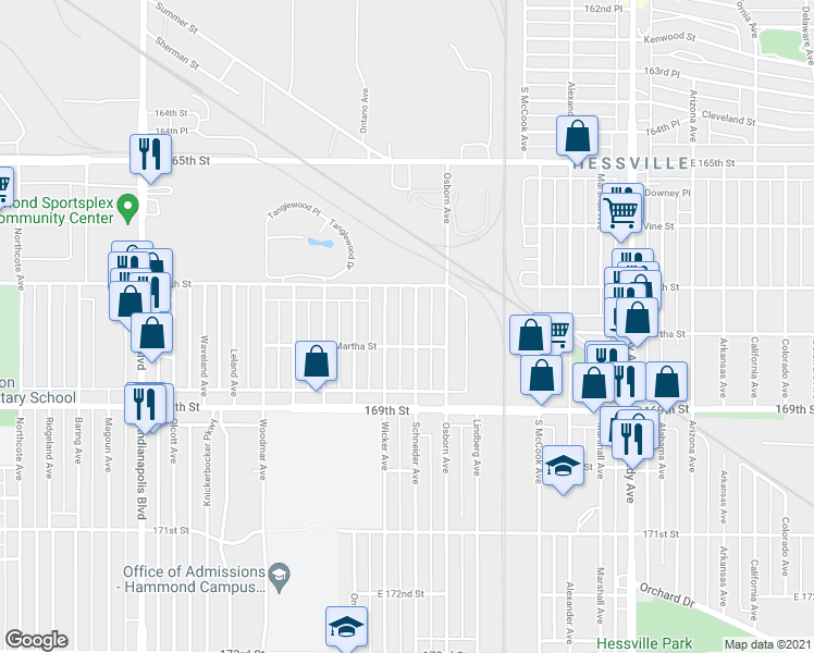 map of restaurants, bars, coffee shops, grocery stores, and more near 6738 Schneider Avenue in Hammond