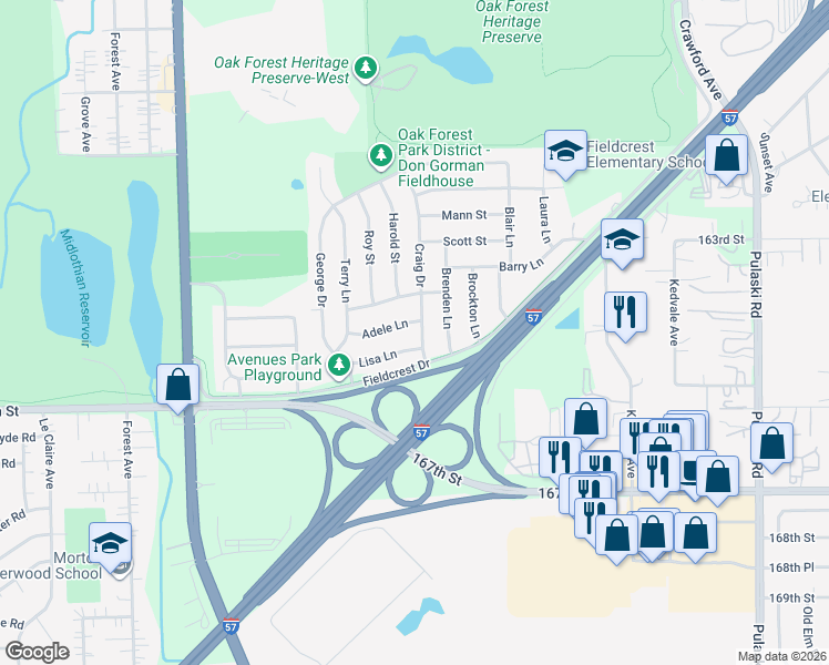 map of restaurants, bars, coffee shops, grocery stores, and more near 4404 Lisa Lane in Oak Forest