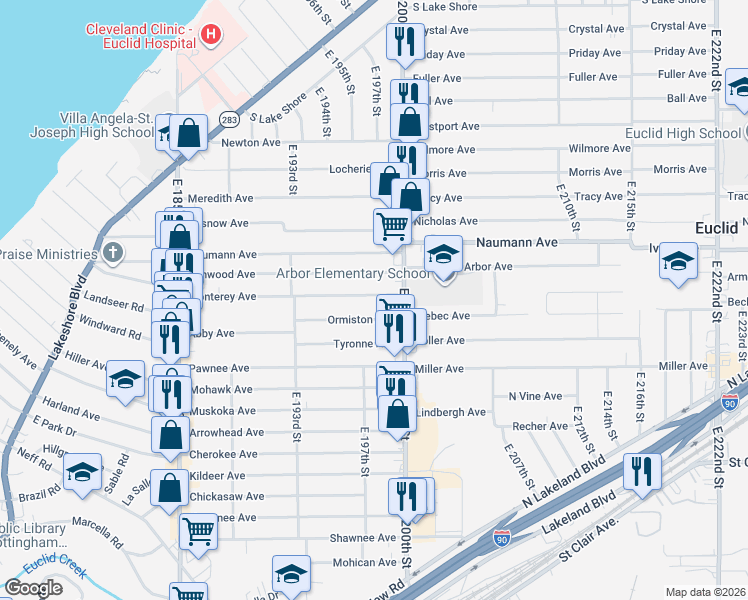 map of restaurants, bars, coffee shops, grocery stores, and more near 19801 Ormiston Avenue in Euclid