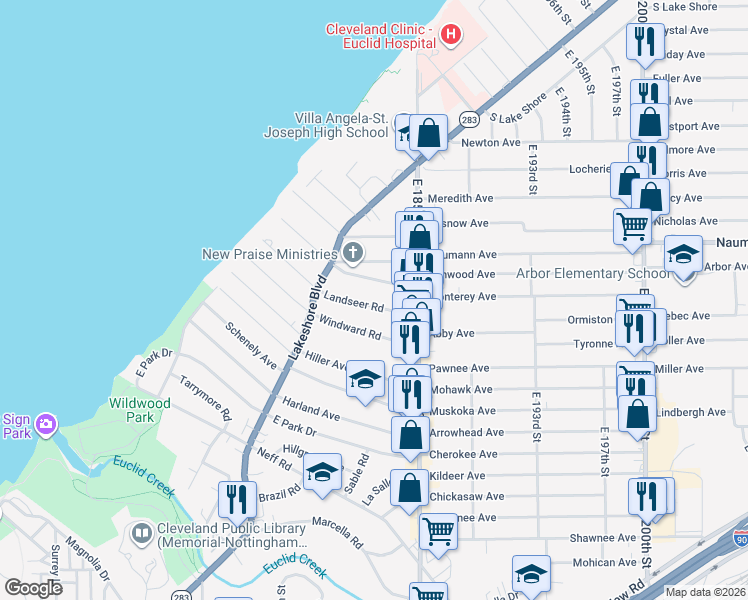 map of restaurants, bars, coffee shops, grocery stores, and more near 18220 Landseer Road in Cleveland